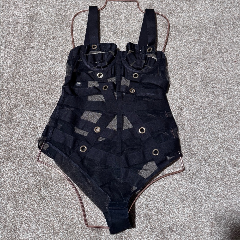 Honey Birdette Black Strappy One-Piece lingerie with Grommet Details